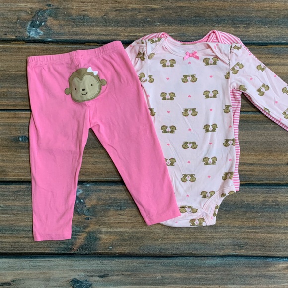 Child of Mine 12mo Girls 3-piece set - pink monkey shirt, bodysuit and pants - Picture 1 of 10